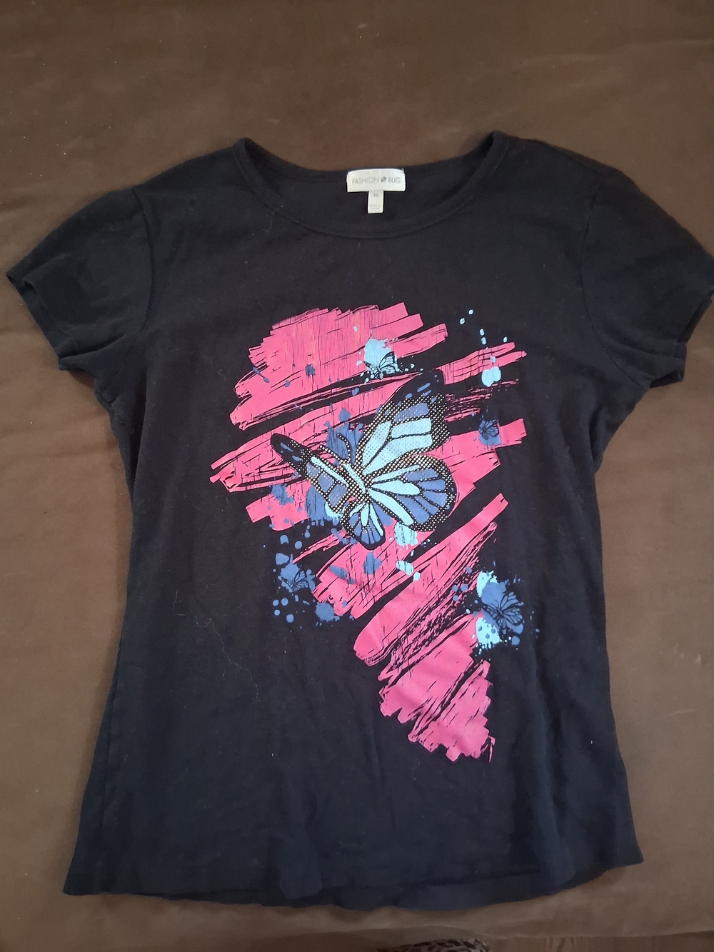 Fashion Bug Black Tee with Pink Brushstrokes & Blue Butterfly Y2k Vintage